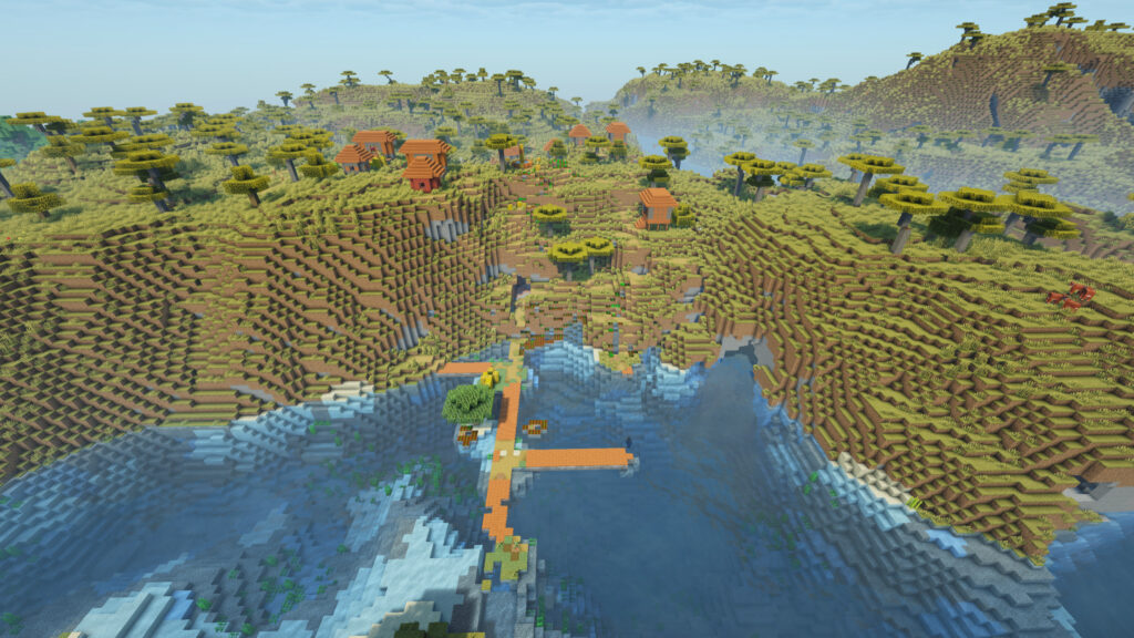 Spawn area of Minecraft Seed With Villages Everywhere with green terrain and rivers