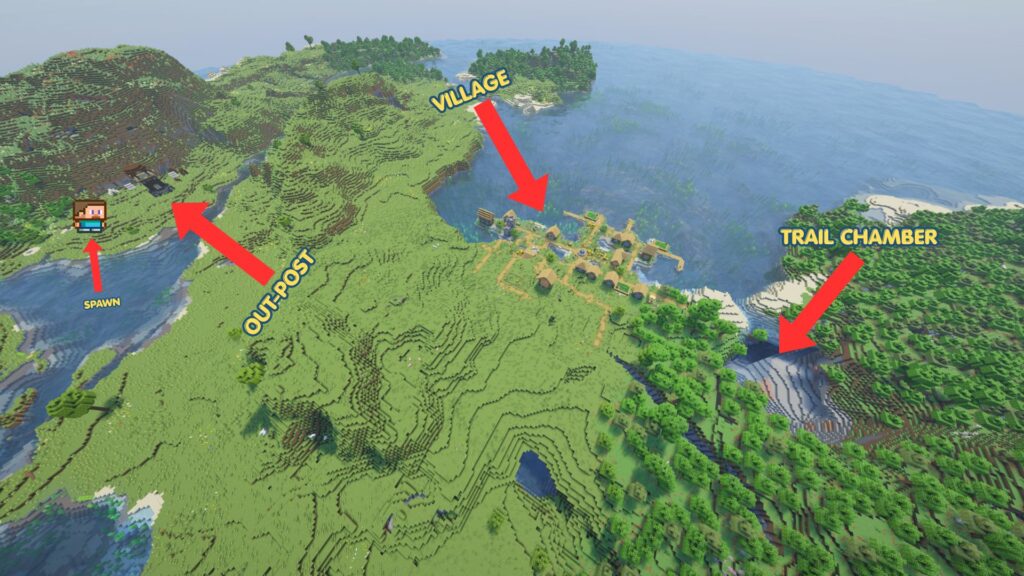 Best trial chamber seeds in Minecraft showing village and outpost near spawn