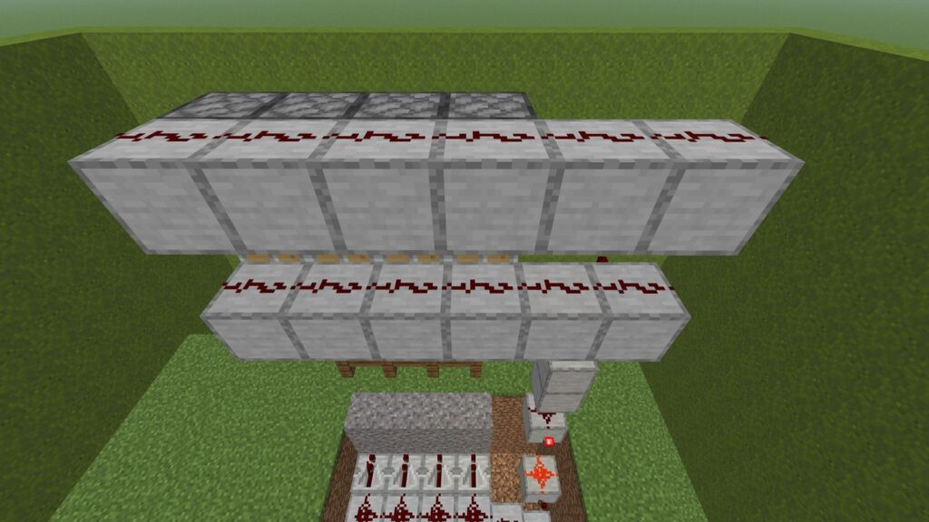🔴 Redstone dust wiring connected across upper platforms of a Minecraft Automated Castle Gate