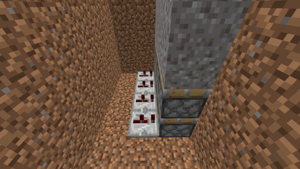🔴 Redstone repeaters installed behind pistons in a Minecraft Automated Castle Gate