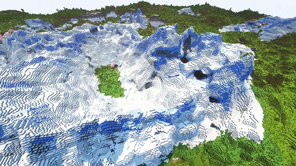 Snowy mountain survival seed with lush green valleys